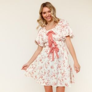 Ribbon Tie Scoop Neck Tiered Waist Floral Dress